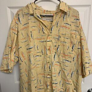 Columbia 100% fish print short sleeve shirt button down XXL mens EUC